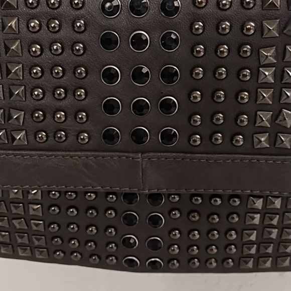 Gray Clutch Crossbody bag Gunmetal Studs Black Faceted Stones Removable Chain - Picture 2 of 11